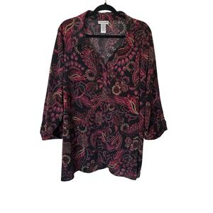 Catherines Blouse Top Dark Floral‎ Red Plus Size 3X Roll Tab Sleeve